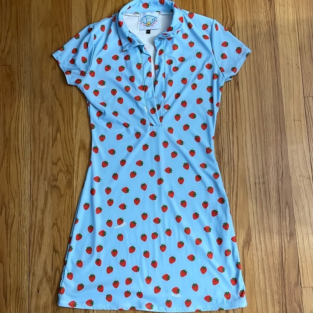 OMIGHTY ‎ STRAWBERRY COLLARED DRESS IN BLUE Deep V-neck A6